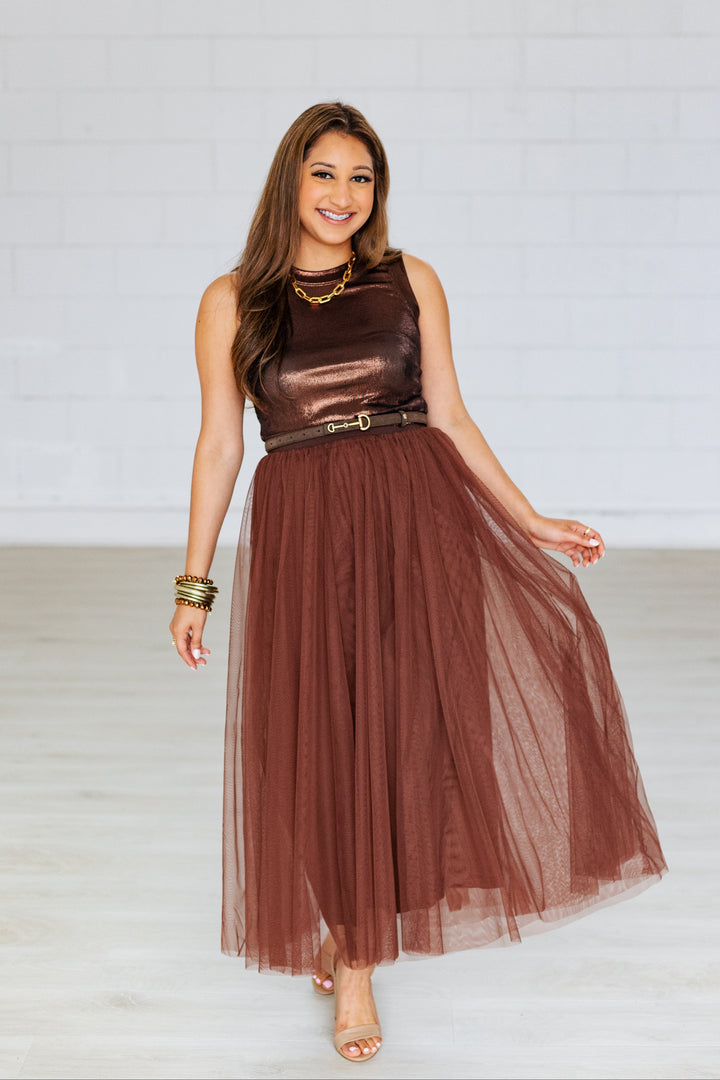 CHOCOLATE BROWN TULLE MIDI SKIRT