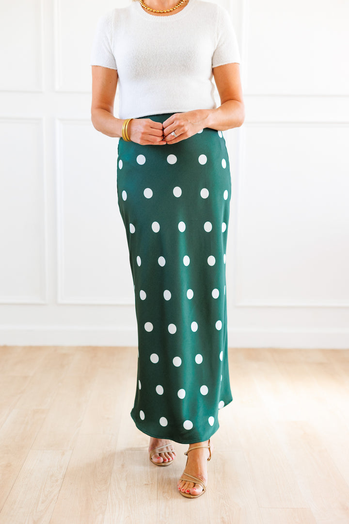 HUNTER GREEN WHITE POLKA DOT MIDI SKIRT DETAILS