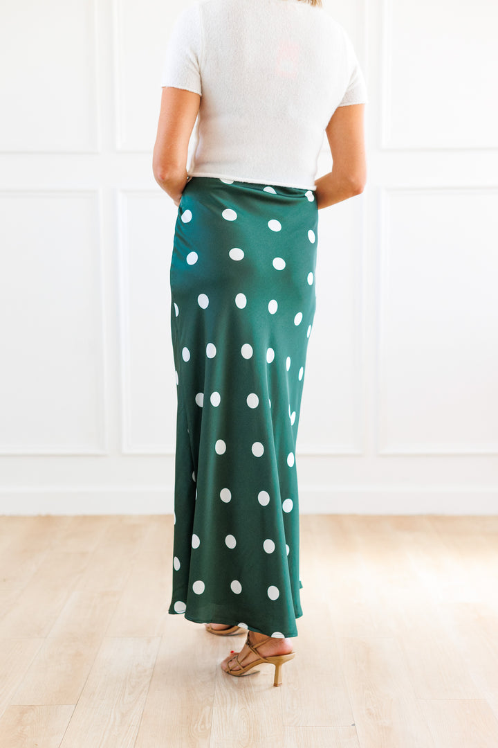 HUNTER GREEN WHITE POLKA DOT MIDI SKIRT BACK VIEW