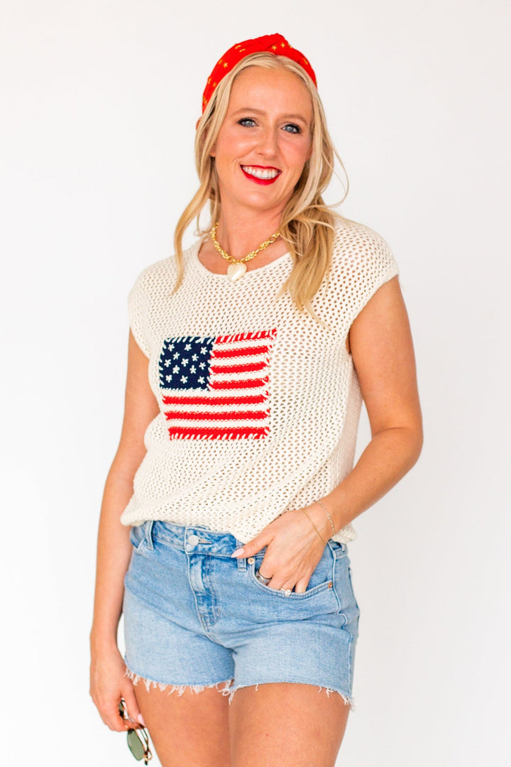 AMERICAN FLAG SLEEVELESS CROCHET SWEATER