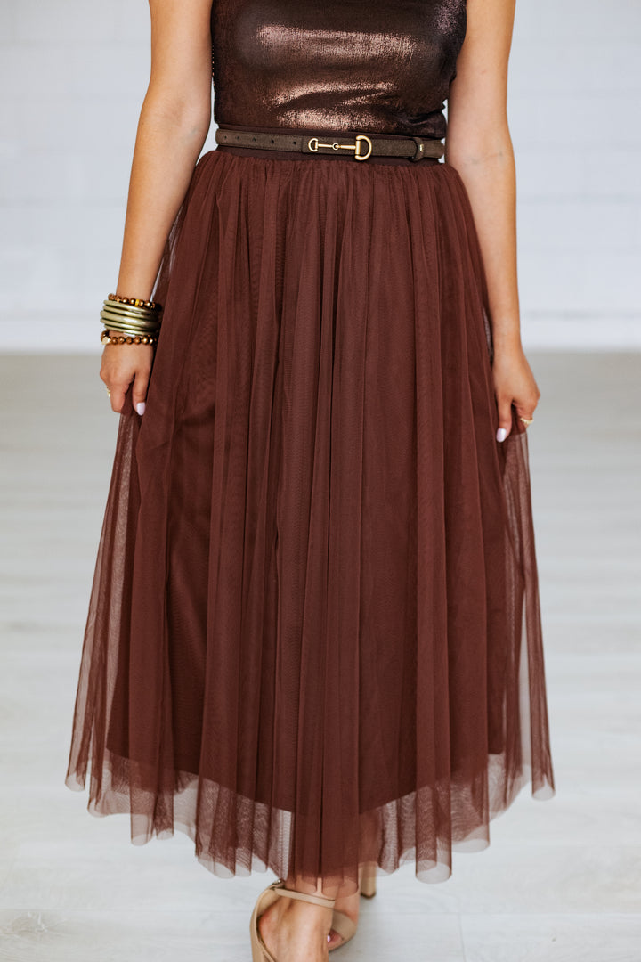 CHOCOLATE BROWN TULLE MIDI SKIRT