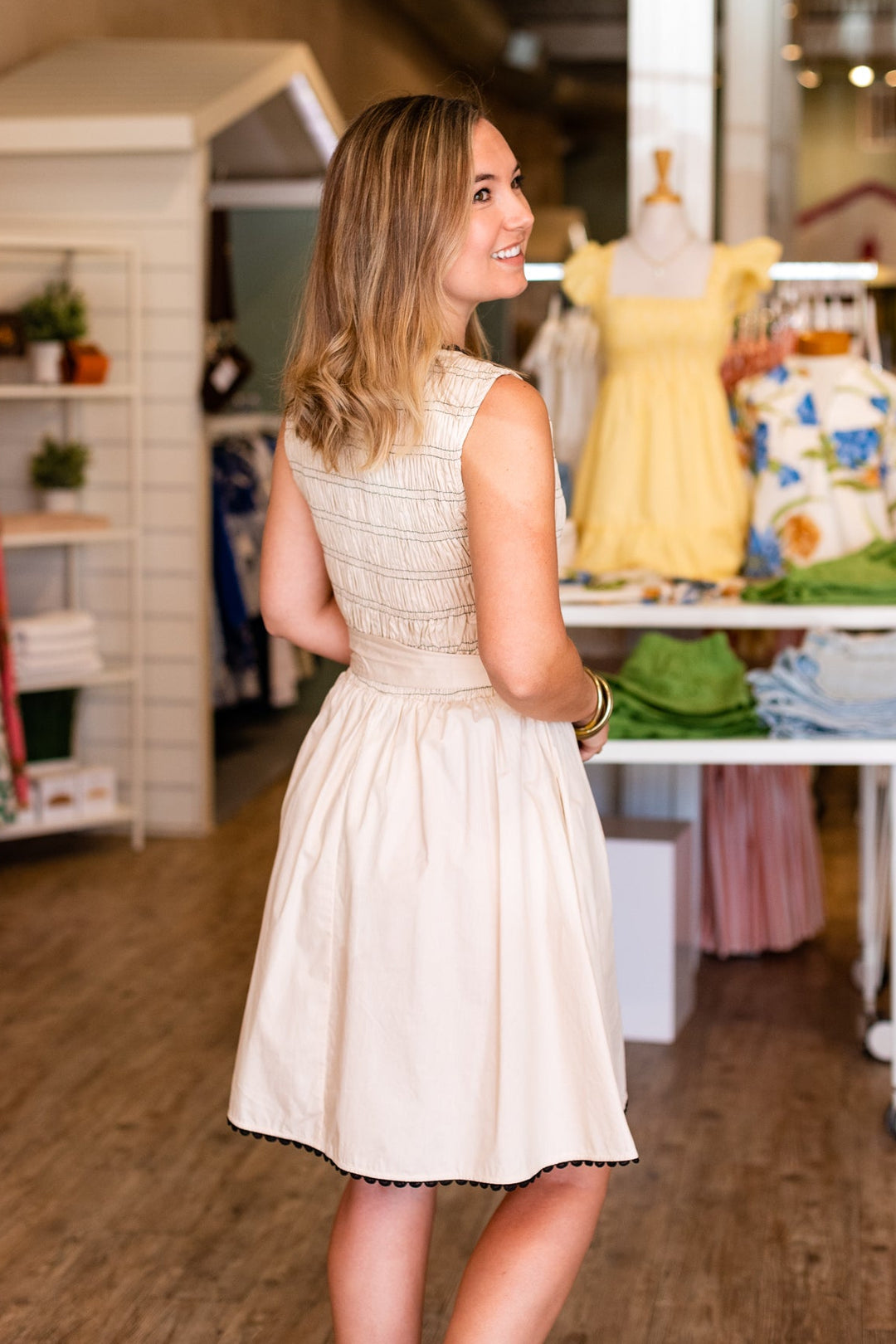 SMOCKED LACE TRIM MINI DRESS- CREAM