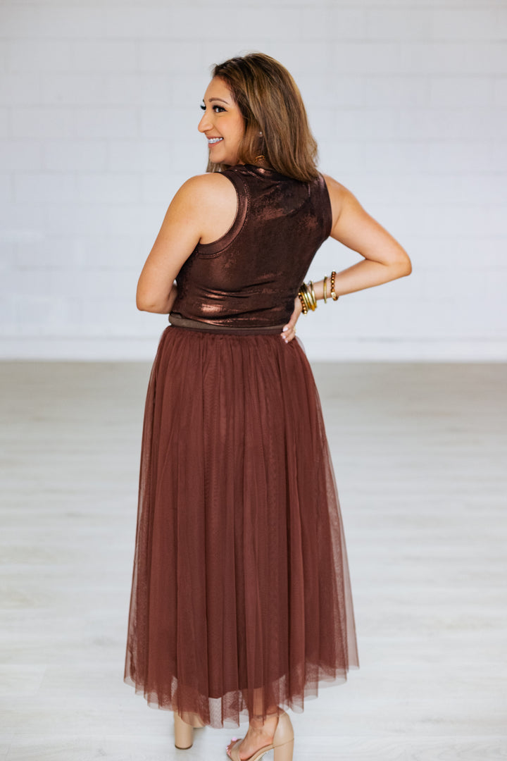CHOCOLATE BROWN TULLE MIDI SKIRT