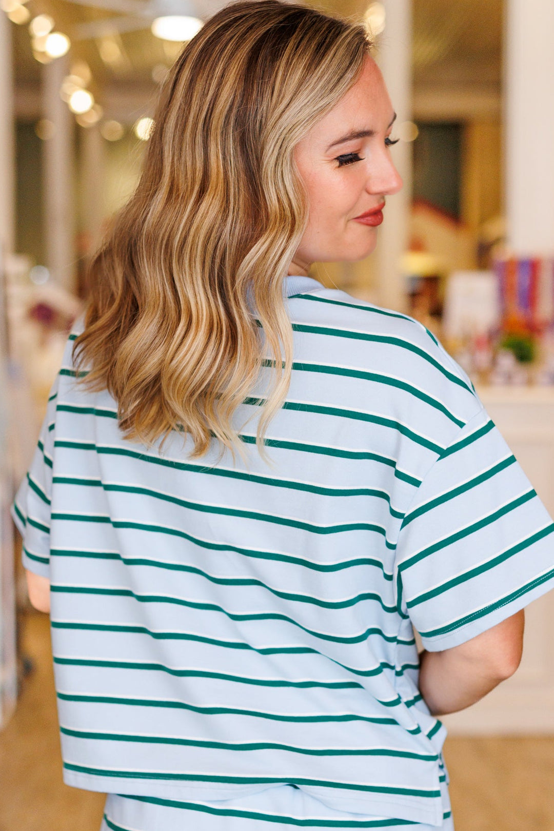 Stripe Boxy Top in Hunter Green &amp; Baby Blue