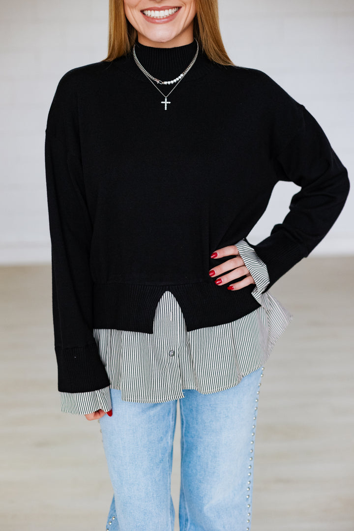 LAYERED BLACK STRIPE COMBO SWEATER