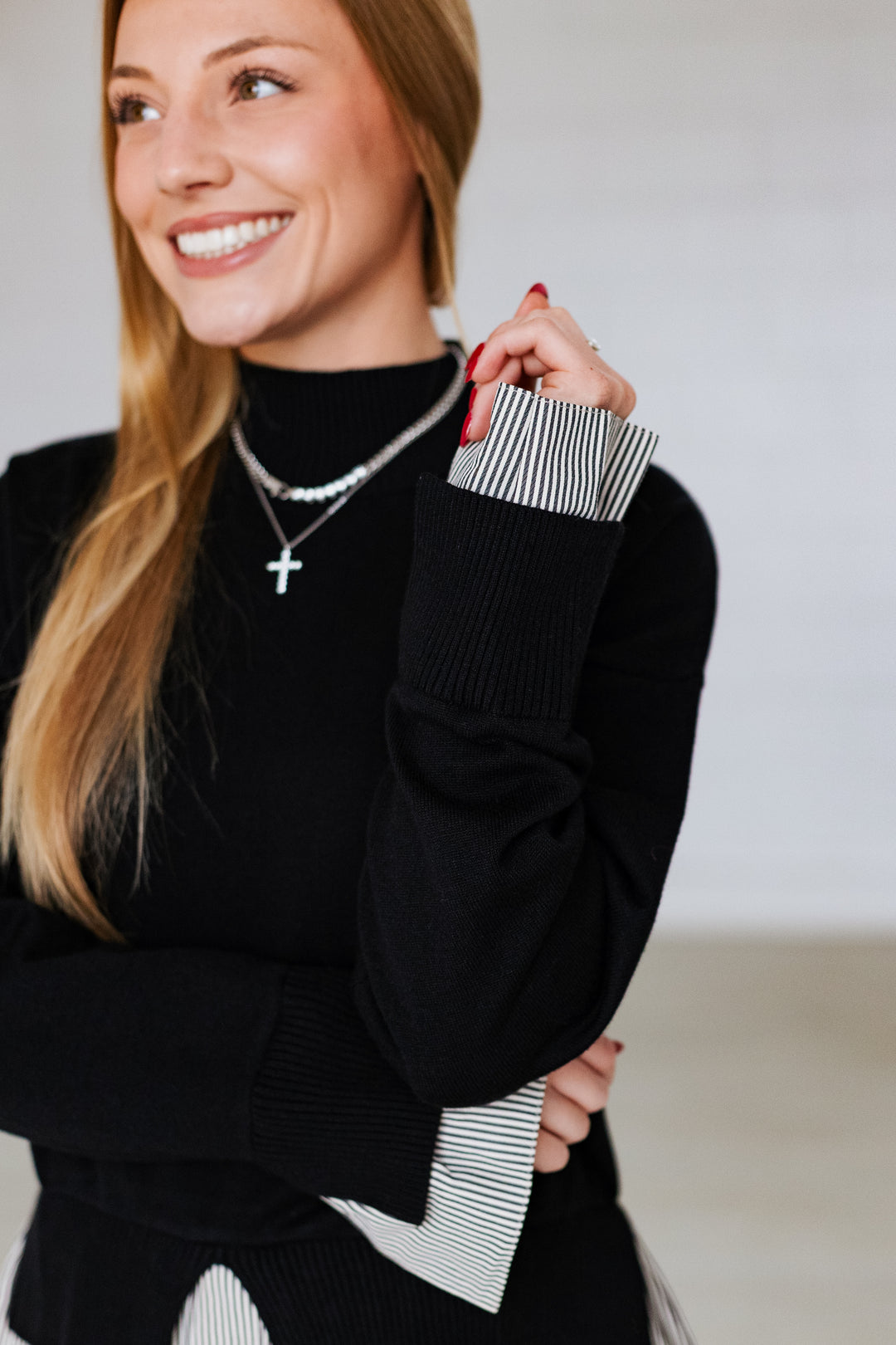 LAYERED BLACK STRIPE COMBO SWEATER