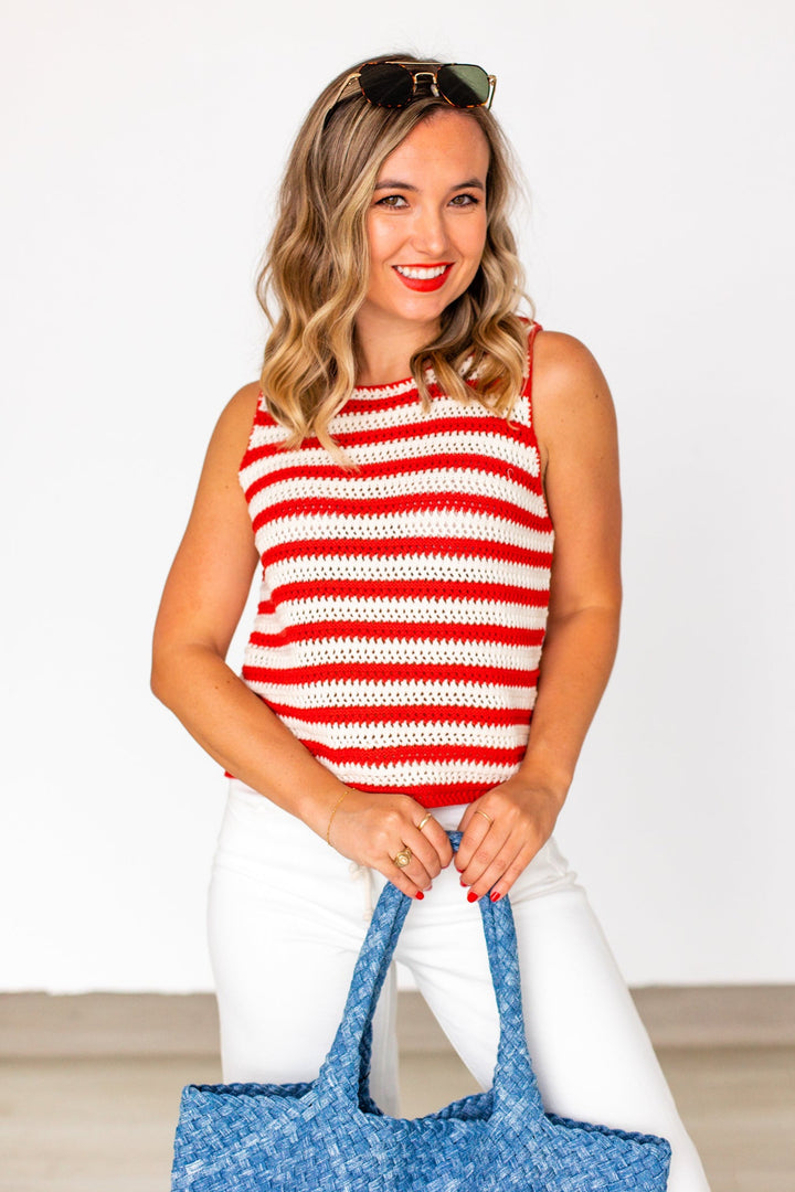 RED &amp; WHITE STRIPE CROCHET TOP