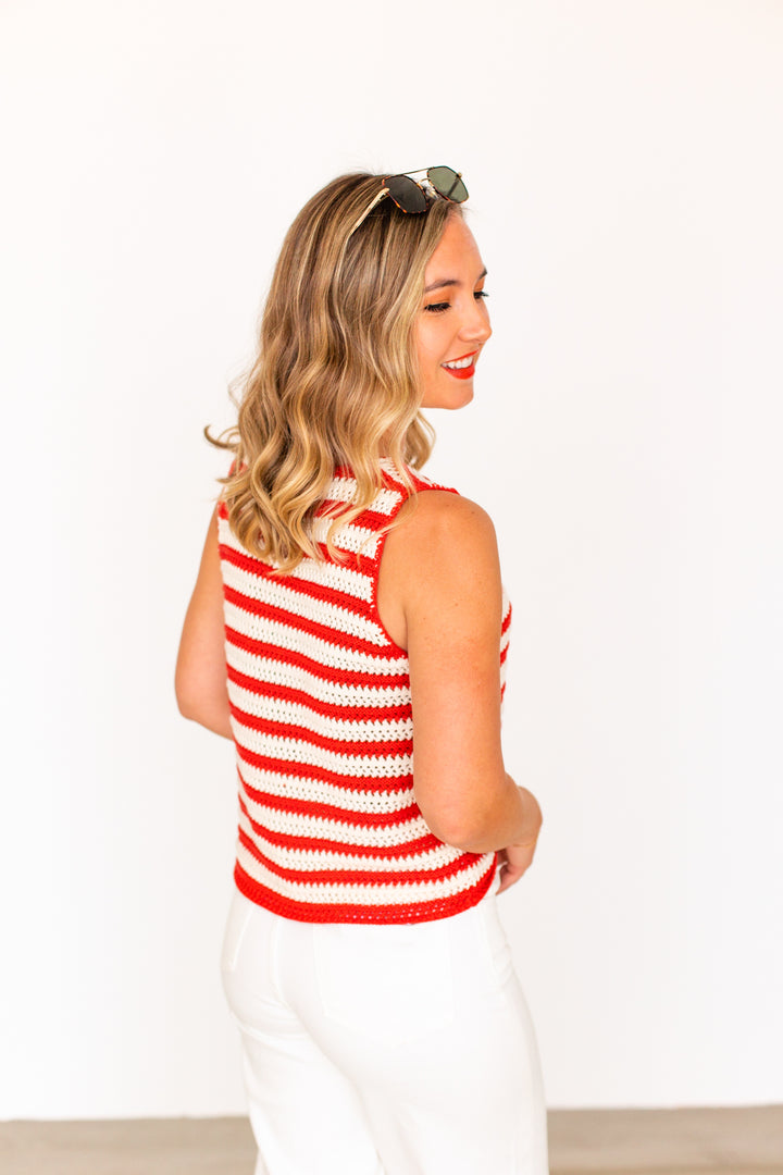 RED &amp; WHITE STRIPE CROCHET TOP