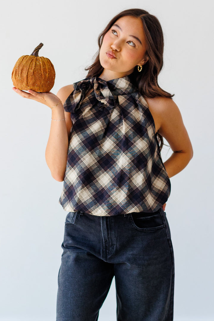 NAVY PLAID TIE-NECK TOP