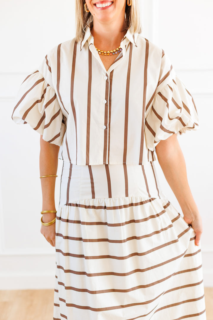 BROWN COMBO PUFF SLEEVE BUTTON FRONT BLOUSE FRONT VIEW