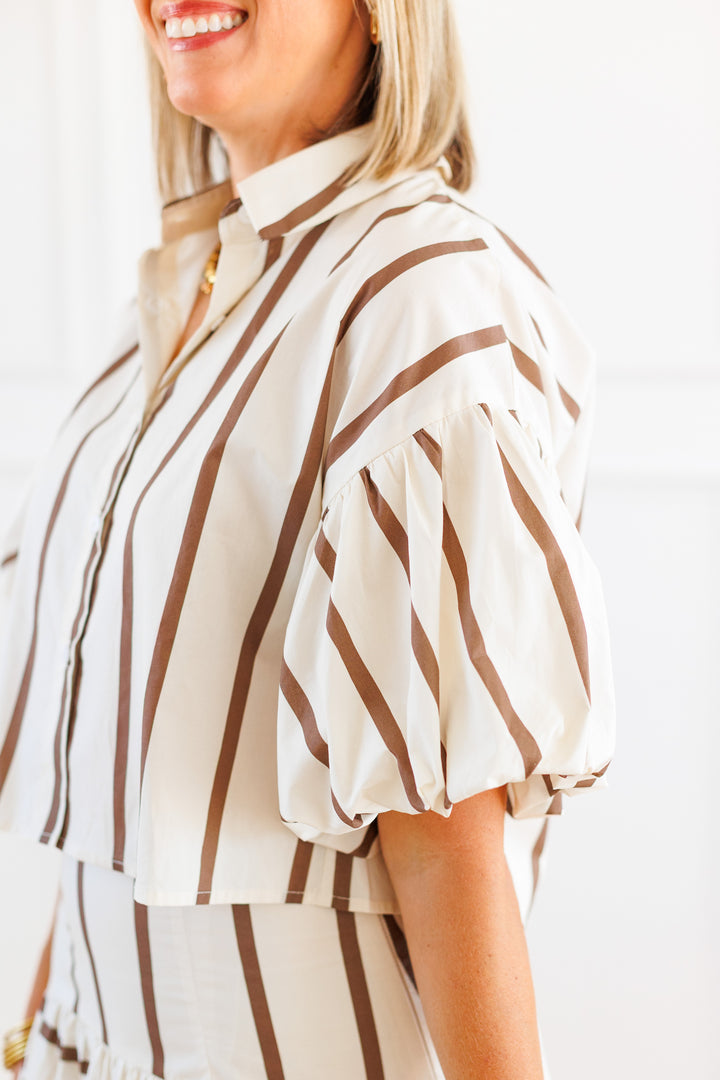 BROWN COMBO PUFF SLEEVE BUTTON FRONT BLOUSE SIDE VIEW