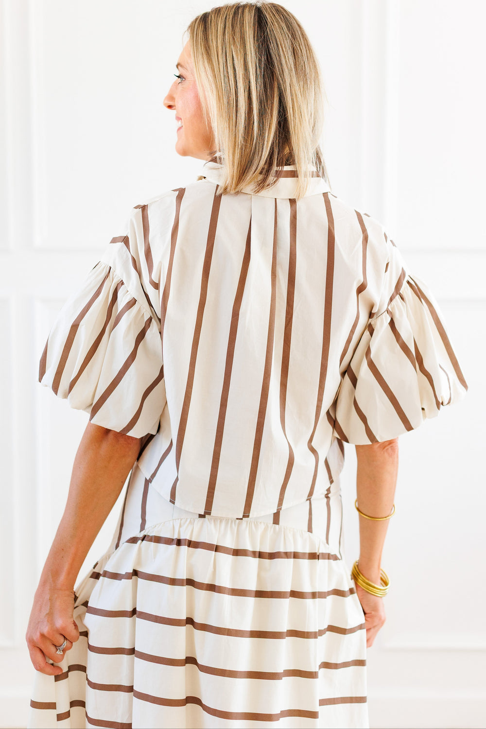 BROWN COMBO PUFF SLEEVE BUTTON FRONT BLOUSE BACK VIEW