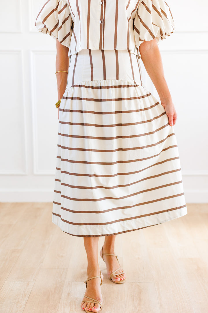 BROWN COMBO TIERED MIDI SKIRT FRONT VIEW