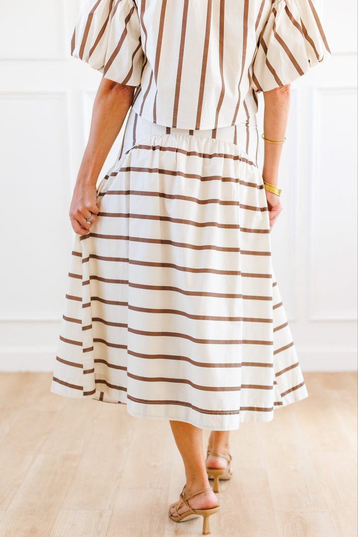 BROWN COMBO TIERED MIDI SKIRT BACK VIEW