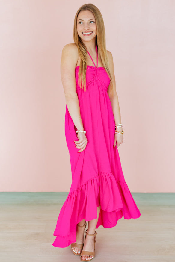 SHOCKING PINK HALTER RUCHED MIDI DRESS