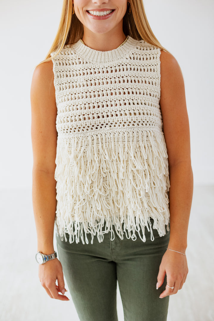 LAYERED FRINGE SLEEVELESS SWEATER