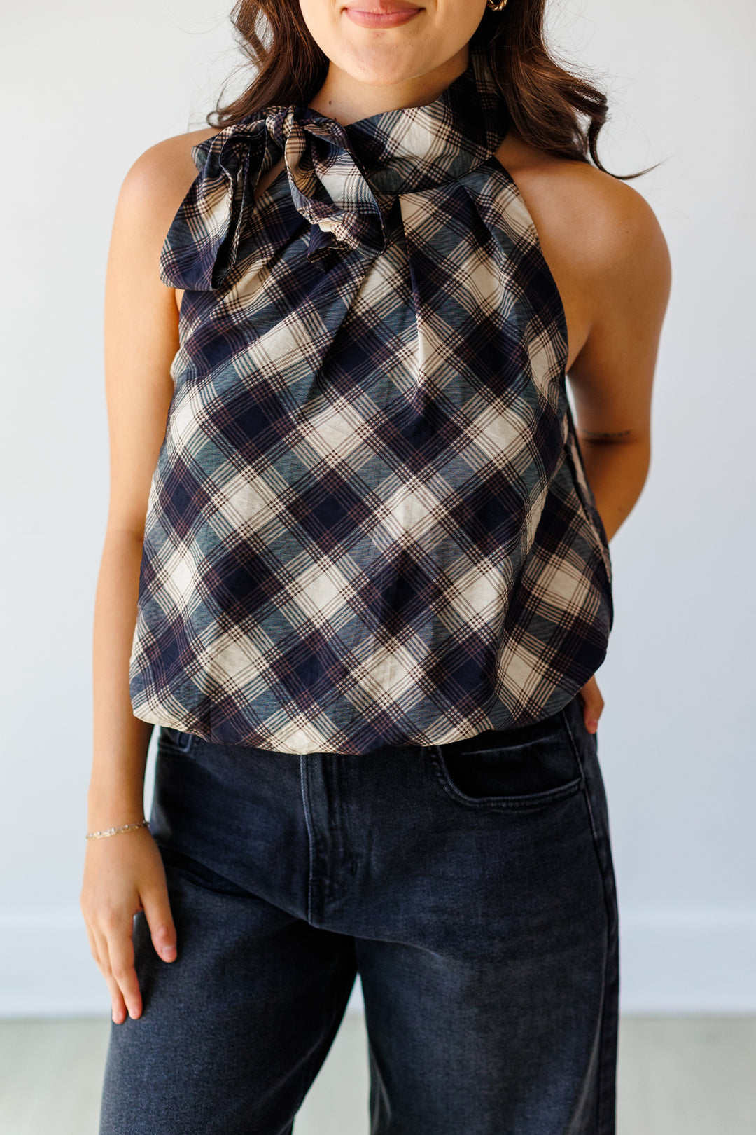 NAVY PLAID TIE-NECK TOP