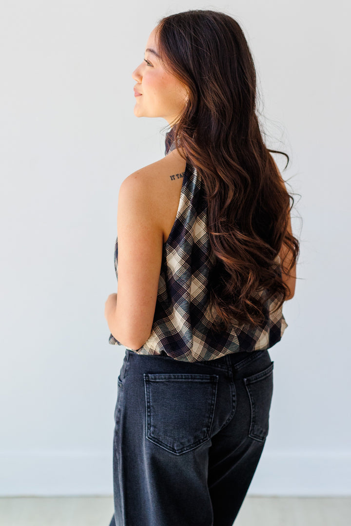 NAVY PLAID TIE-NECK TOP
