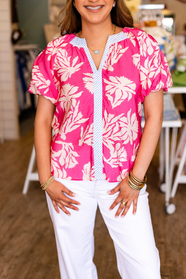 HOTTIE PINK FLORALS PUFF SLEEVE BLOUSE