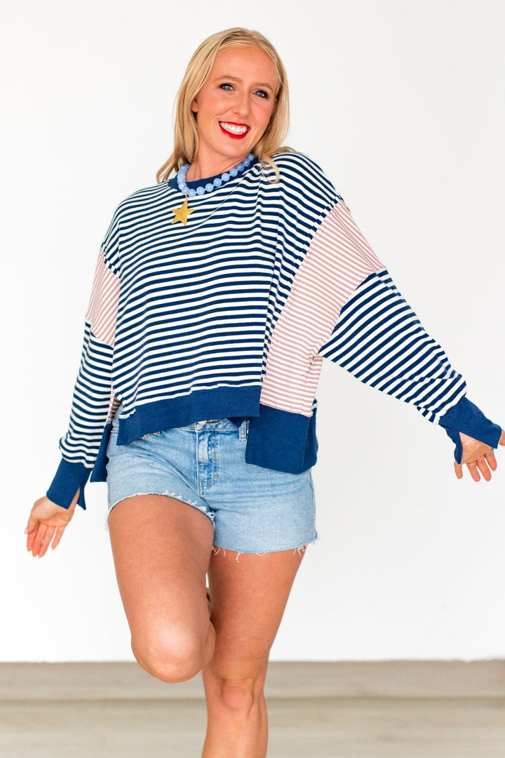 NAVY &amp; PINK STRIPED SWEATSHIRT