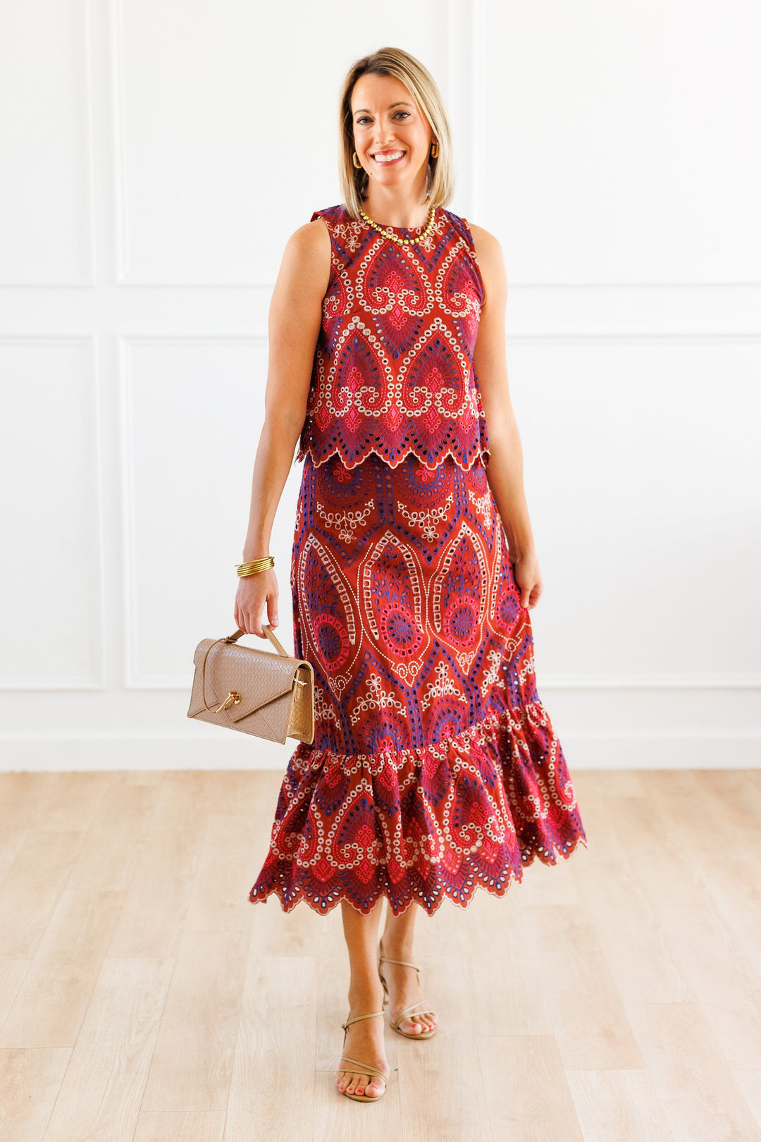 BRICK EYELET MIDI SKIRT FRON VIEW