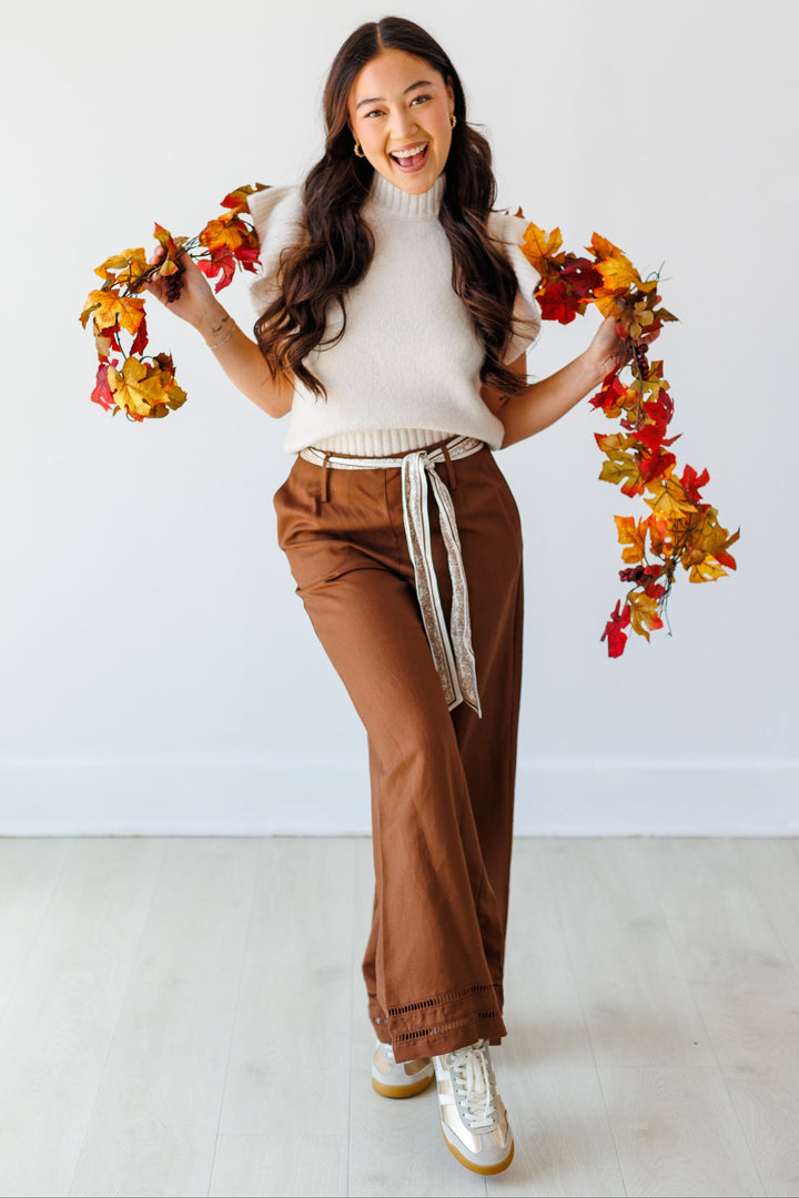 SCARF BELTED LINEN PANT- BROWN
