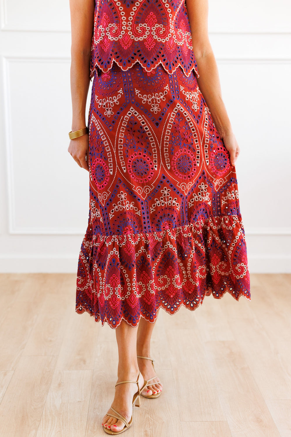 BRICK EYELET MIDI SKIRT FRONT VIEW