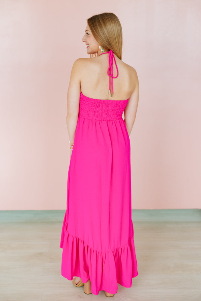 SHOCKING PINK HALTER RUCHED MIDI DRESS