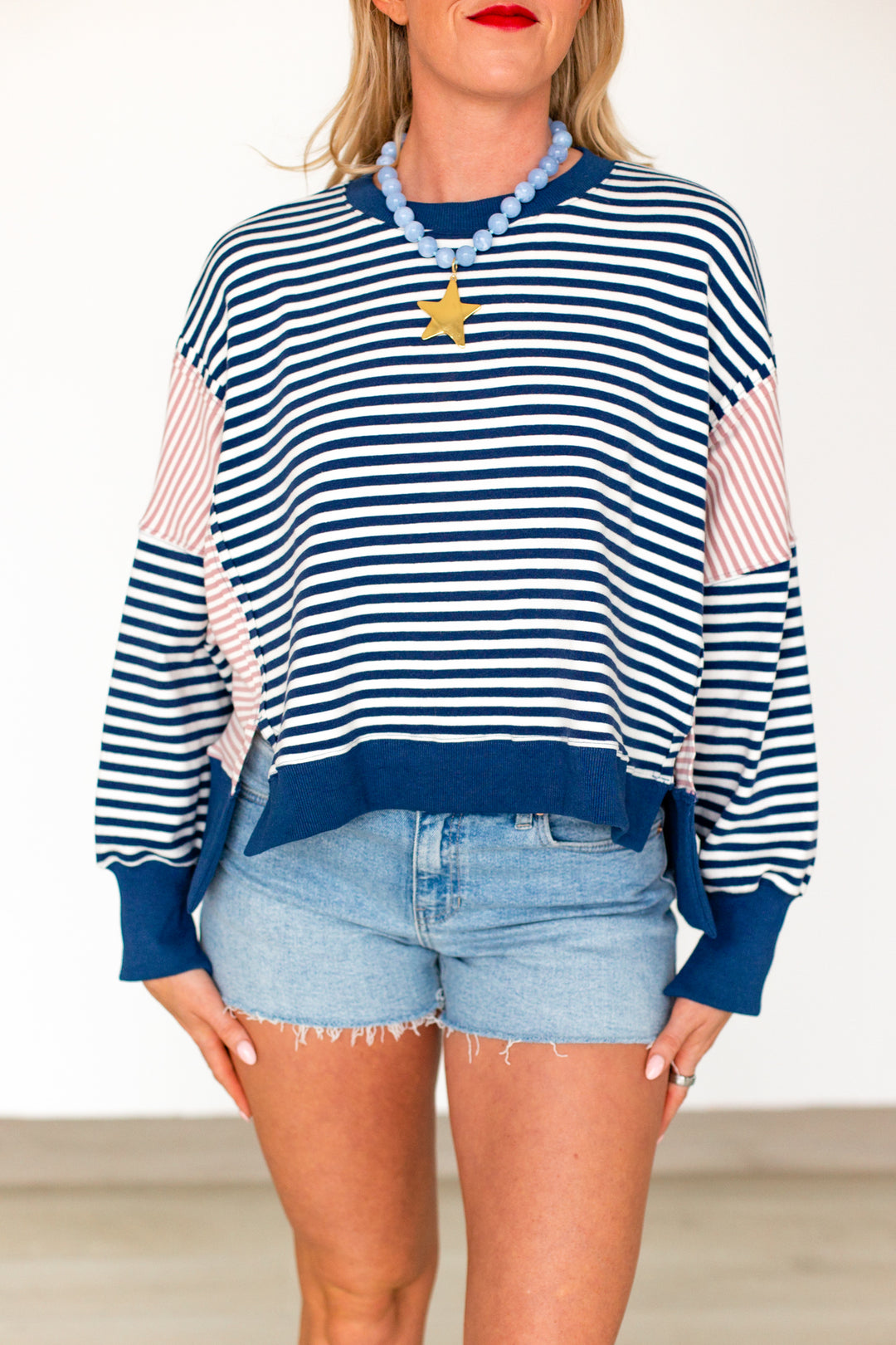NAVY &amp; PINK STRIPED SWEATSHIRT