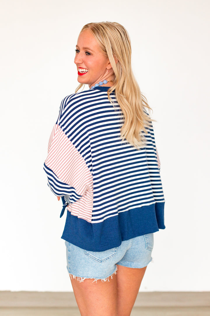 NAVY &amp; PINK STRIPED SWEATSHIRT