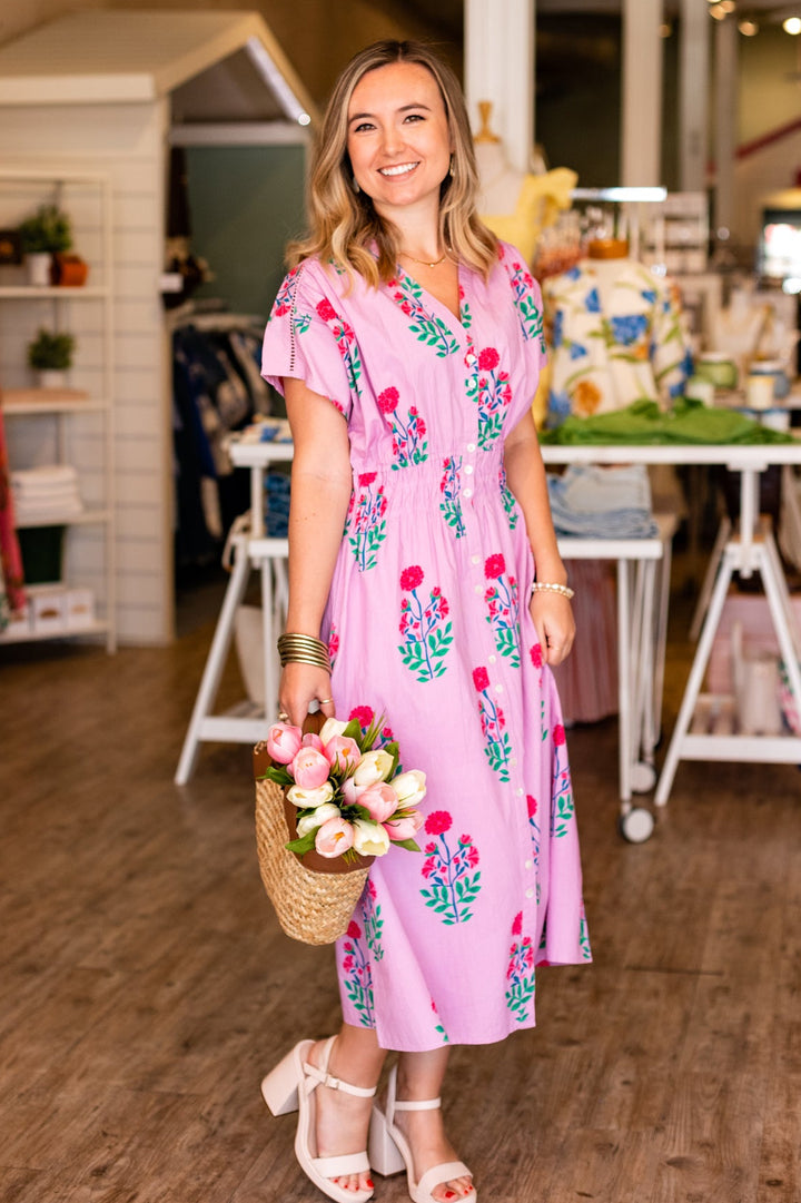 LAVENDER FLORAL SMOCKED WAIST MIDI DRESS