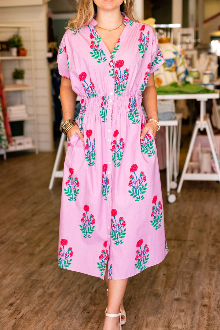 LAVENDER FLORAL SMOCKED WAIST MIDI DRESS