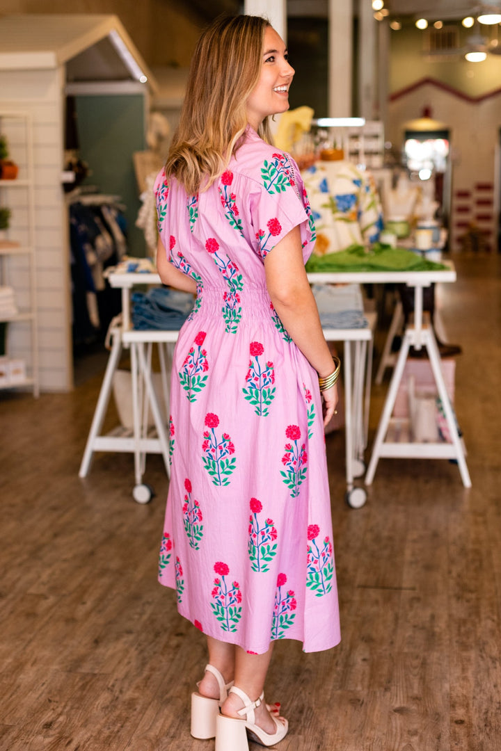 LAVENDER FLORAL SMOCKED WAIST MIDI DRESS