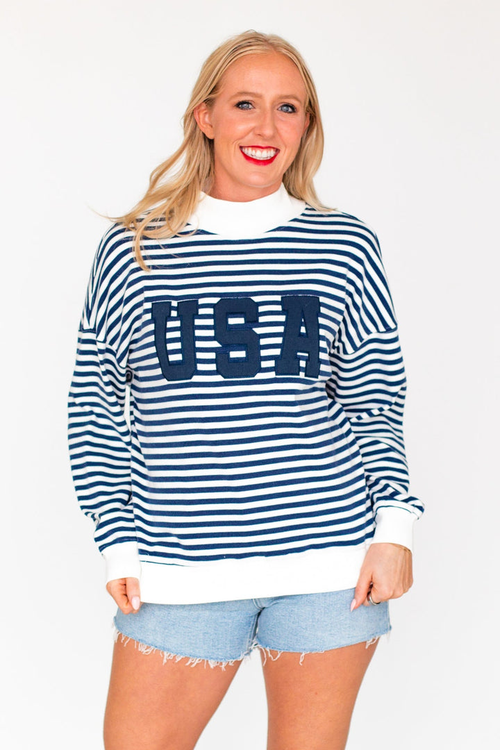 NAVY STRIPED USA PATCH MOCKNECK SWEATSHIRT