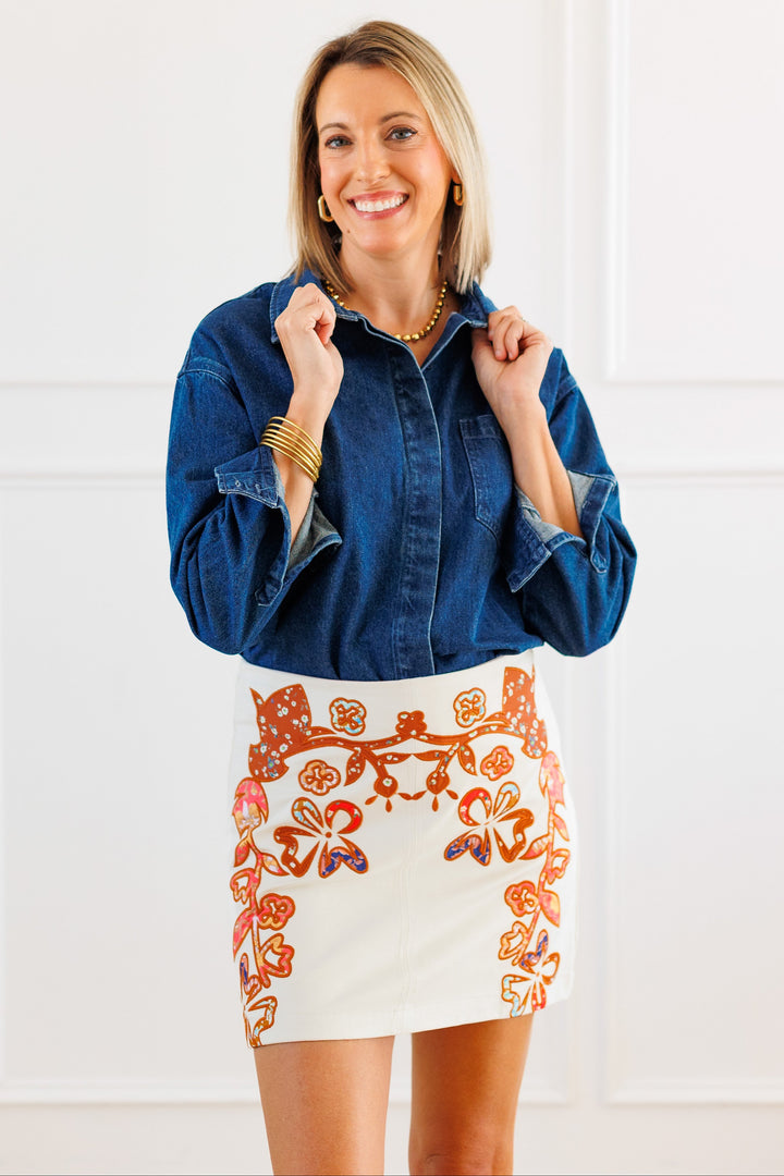 RISEN: OVERSIZED CROP DENIM SHIRT FRONT VIEW
