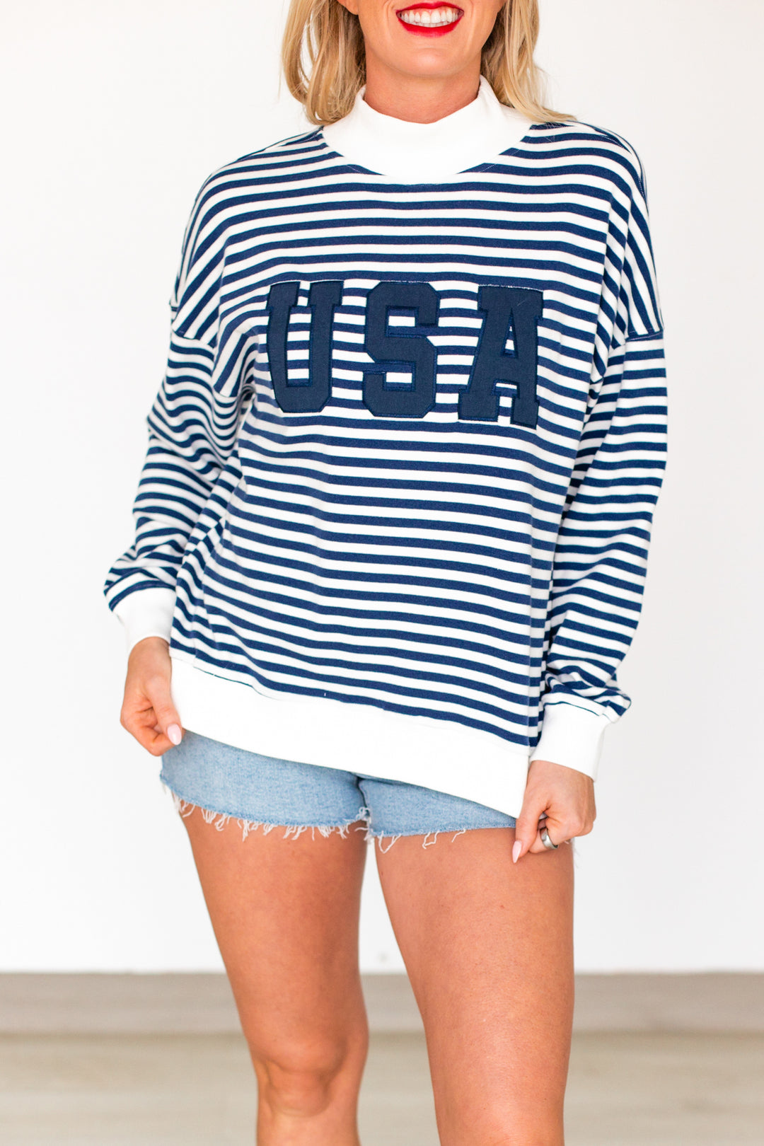 NAVY STRIPED USA PATCH MOCKNECK SWEATSHIRT