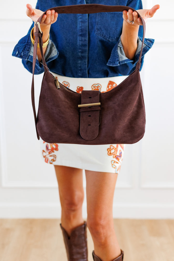 CHOCOLATE SUEDE SHOULDER BAG FRONT VIEW