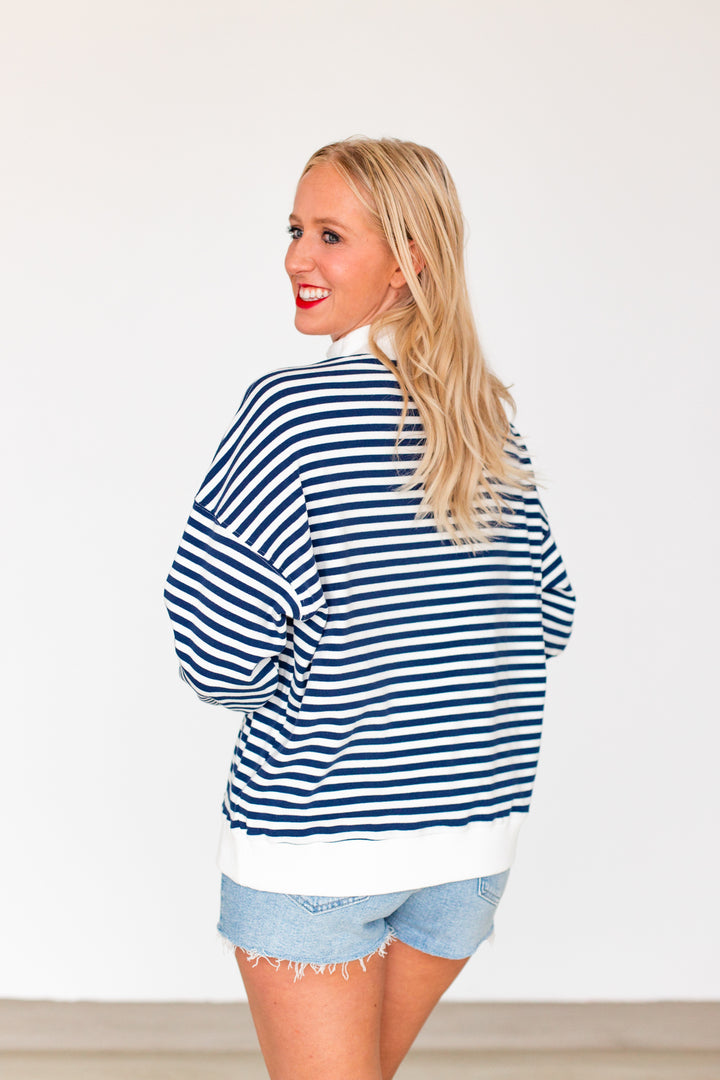 NAVY STRIPED USA PATCH MOCKNECK SWEATSHIRT
