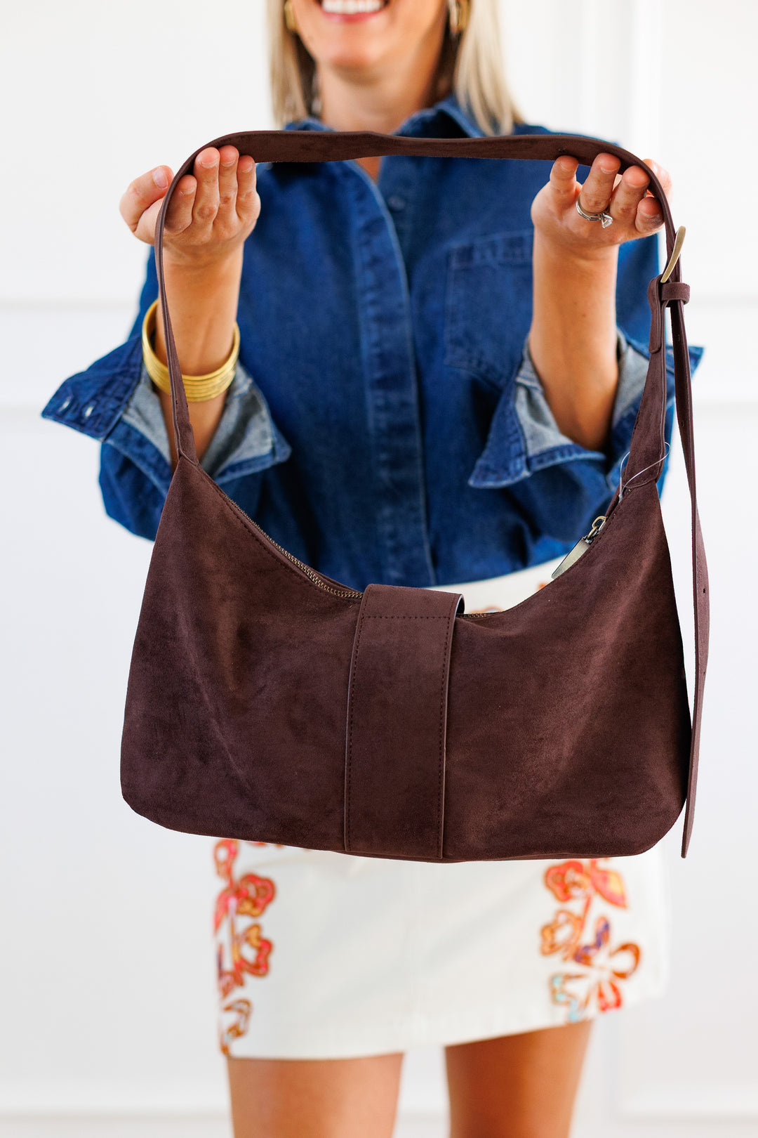 CHOCOLATE SUEDE SHOULDER BAG BACK VIEW