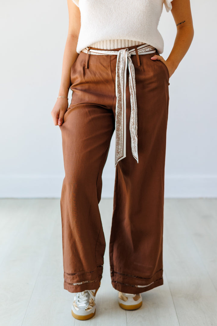 SCARF BELTED LINEN PANT- BROWN