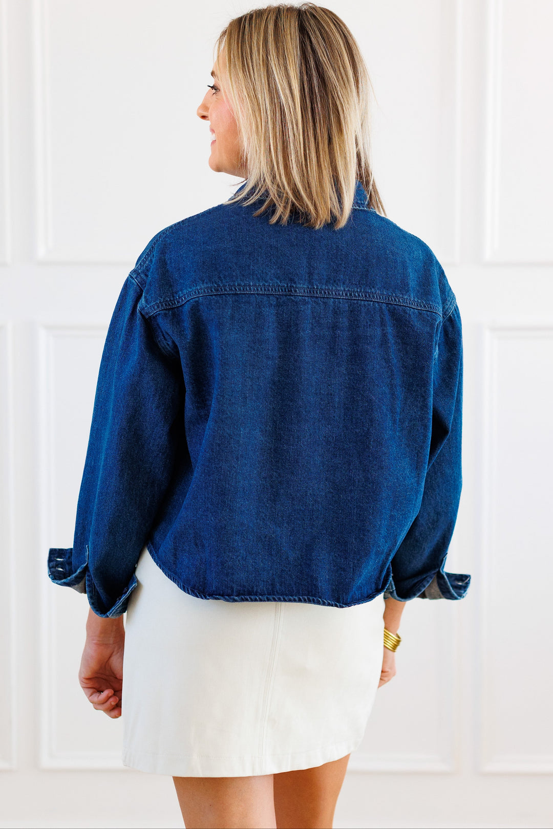 RISEN: OVERSIZED CROP DENIM SHIRT BACK VIEW