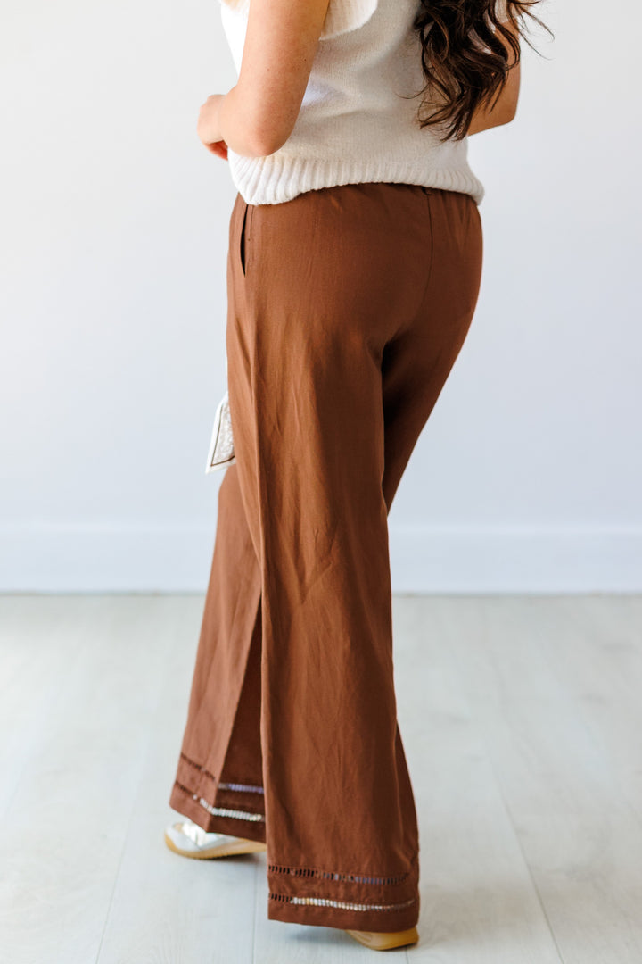 SCARF BELTED LINEN PANT- BROWN
