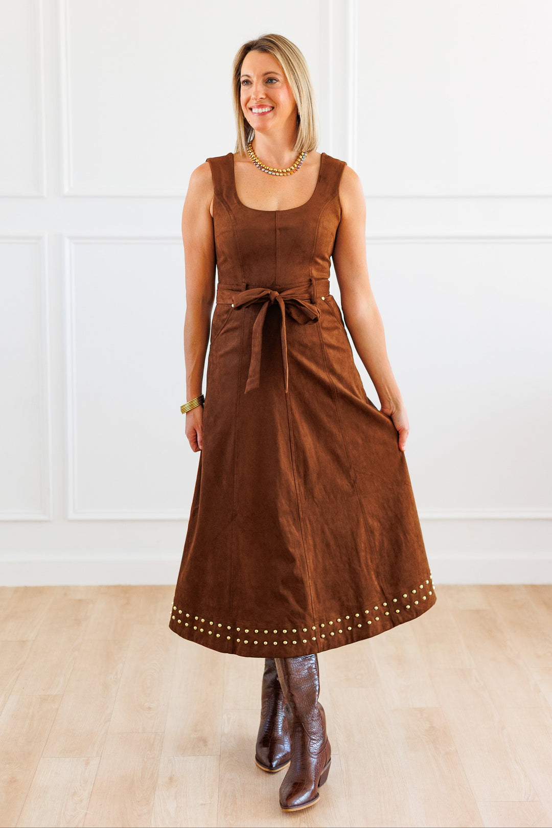 STUD DETAIL SUEDE MIDI DRESS FRONT VIEW