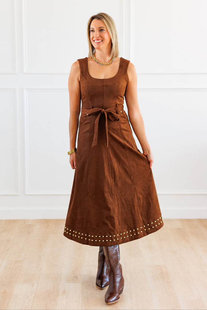 STUD DETAIL SUEDE MIDI DRESS FRONT VIEW