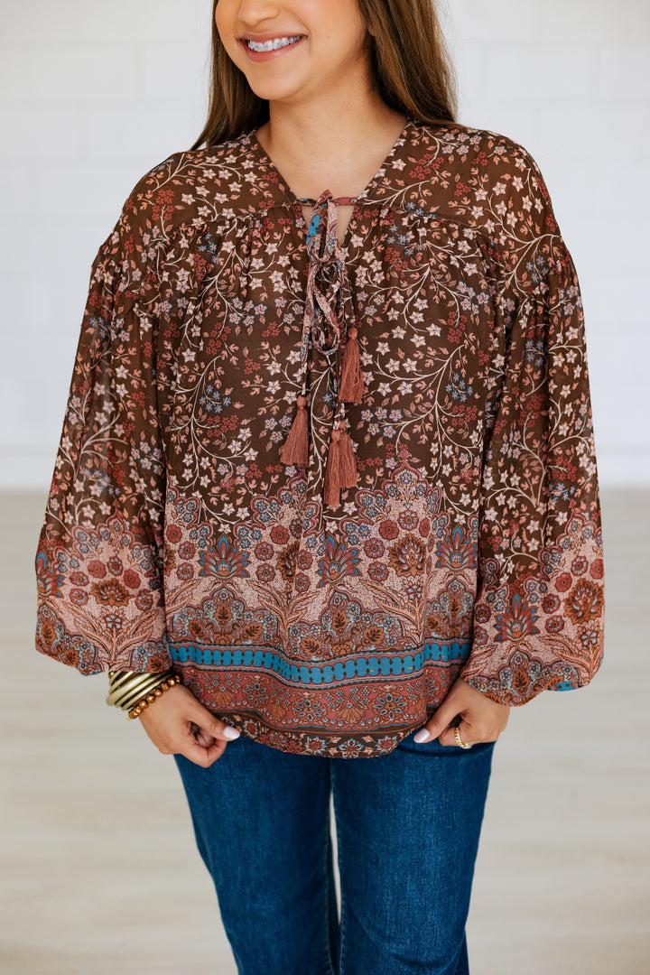 BETHANY BROWN FLORAL TIE BLOUSE