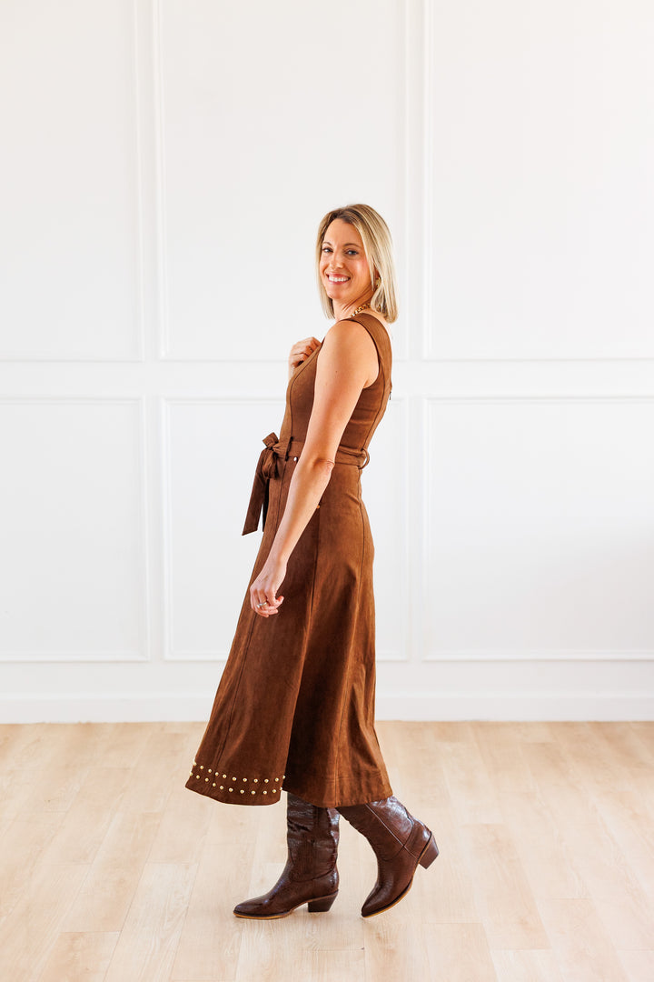 STUD DETAIL SUEDE MIDI DRESS SIDE VIEW