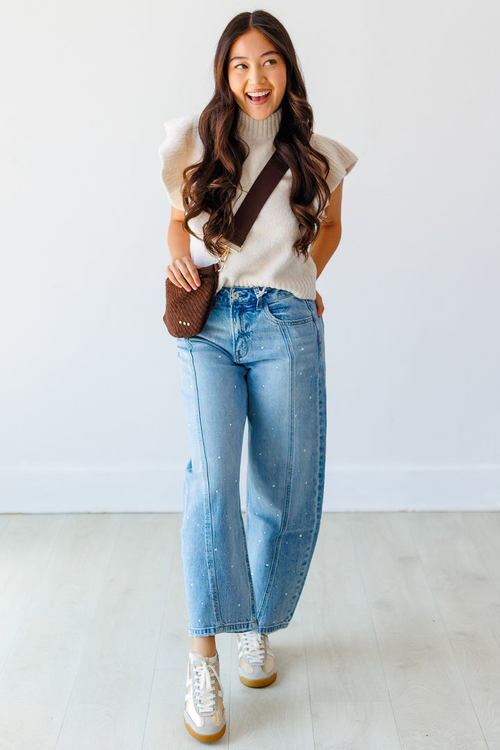 MEDIUM DENIM EMBELLISHED BARREL JEAN