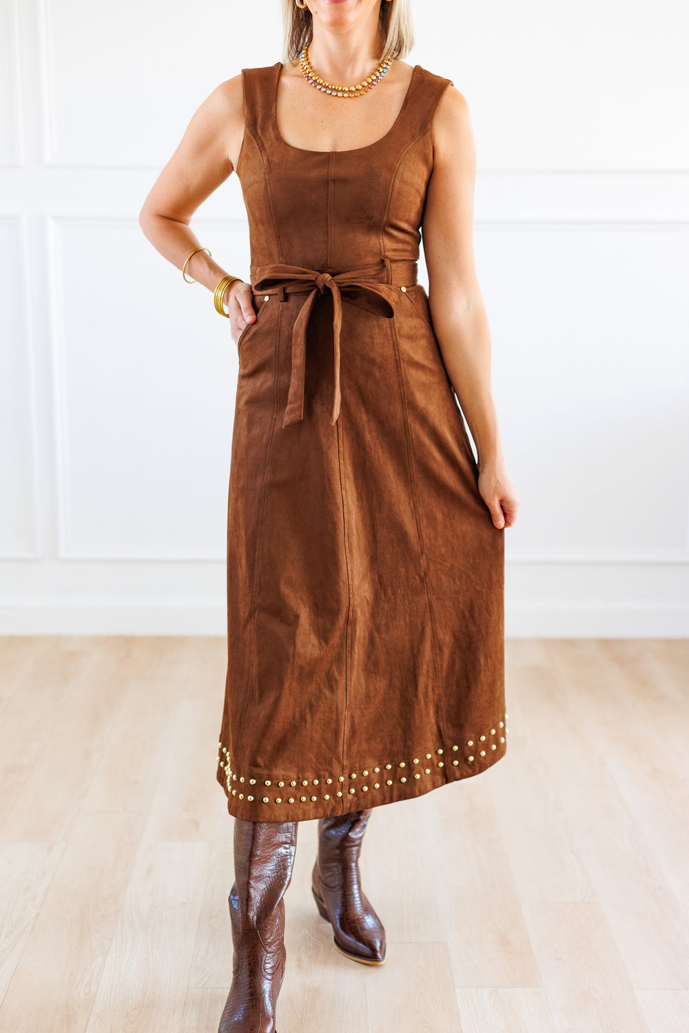 STUD DETAIL SUEDE MIDI DRESS FRONT VIEW
