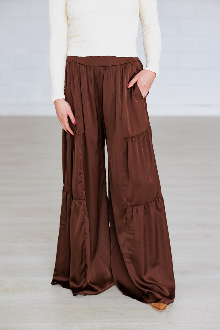 WIDE LEG SILK PANT- OAK BROWN