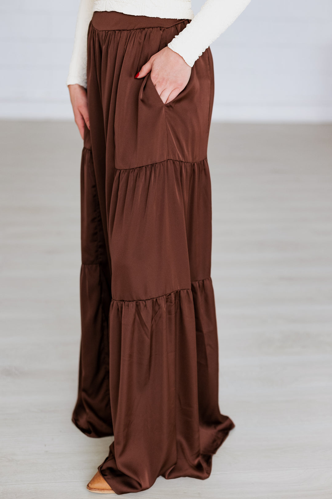 WIDE LEG SILK PANT- OAK BROWN